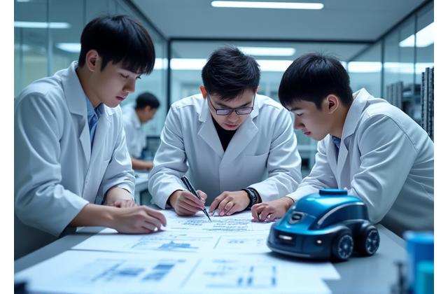 RoboClean Japan R&Dチームが最新のロボット掃除機技術に取り組む研究室のクリーンなイメージ。