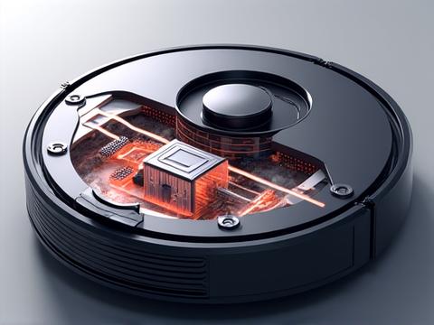 ロボット掃除機内部の高効率モーターとエアフローシステムの断面図。